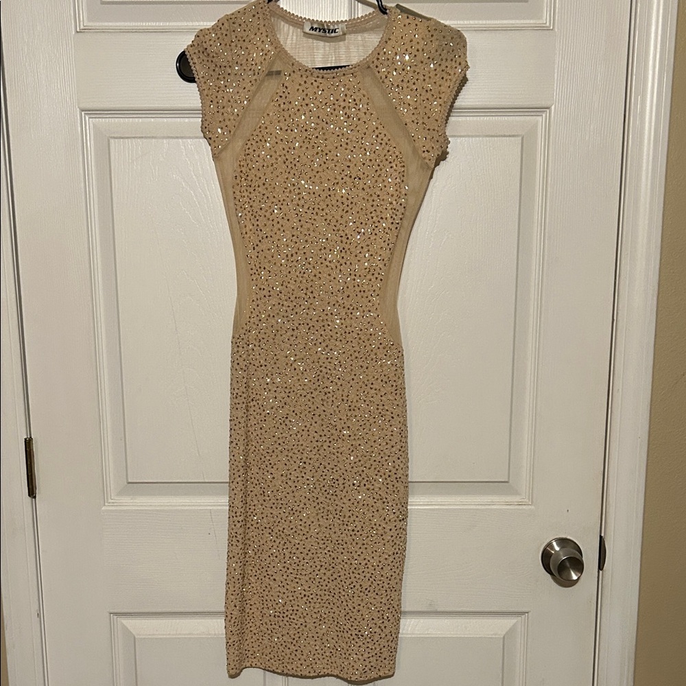 Sleeveless Beaded Nude Bodycon Dress